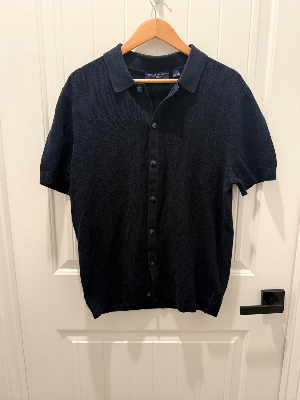 Charles Tyrwhitt Navy Short-Sleeve Button-Front Polo Sweater